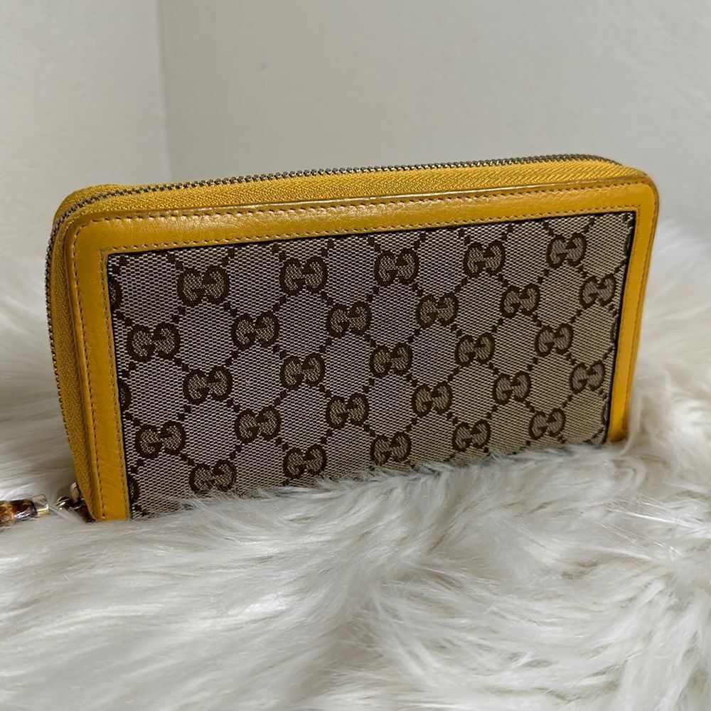 Gucci GG Canvas Bamboo Tassel Zip Around Long Wallet Yellow